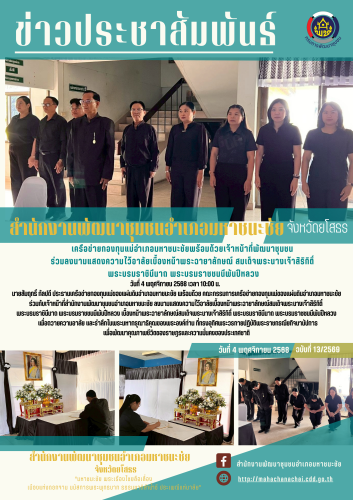  เครือข่ายกองทุนแม่อำเภอมหาชนะชัยพร้อมด้วยเจ้าหน้าที่พัฒนาชุมชน ร่วมลงนามแสดงความไว้อาลัยเบื้องหน้าพระฉายาลักษณ์ สมเด็จพระนางเจ้าสิริกิติ์ พระบรมราชินีนาถ พระบรมราชชนนีพันปีหลวง